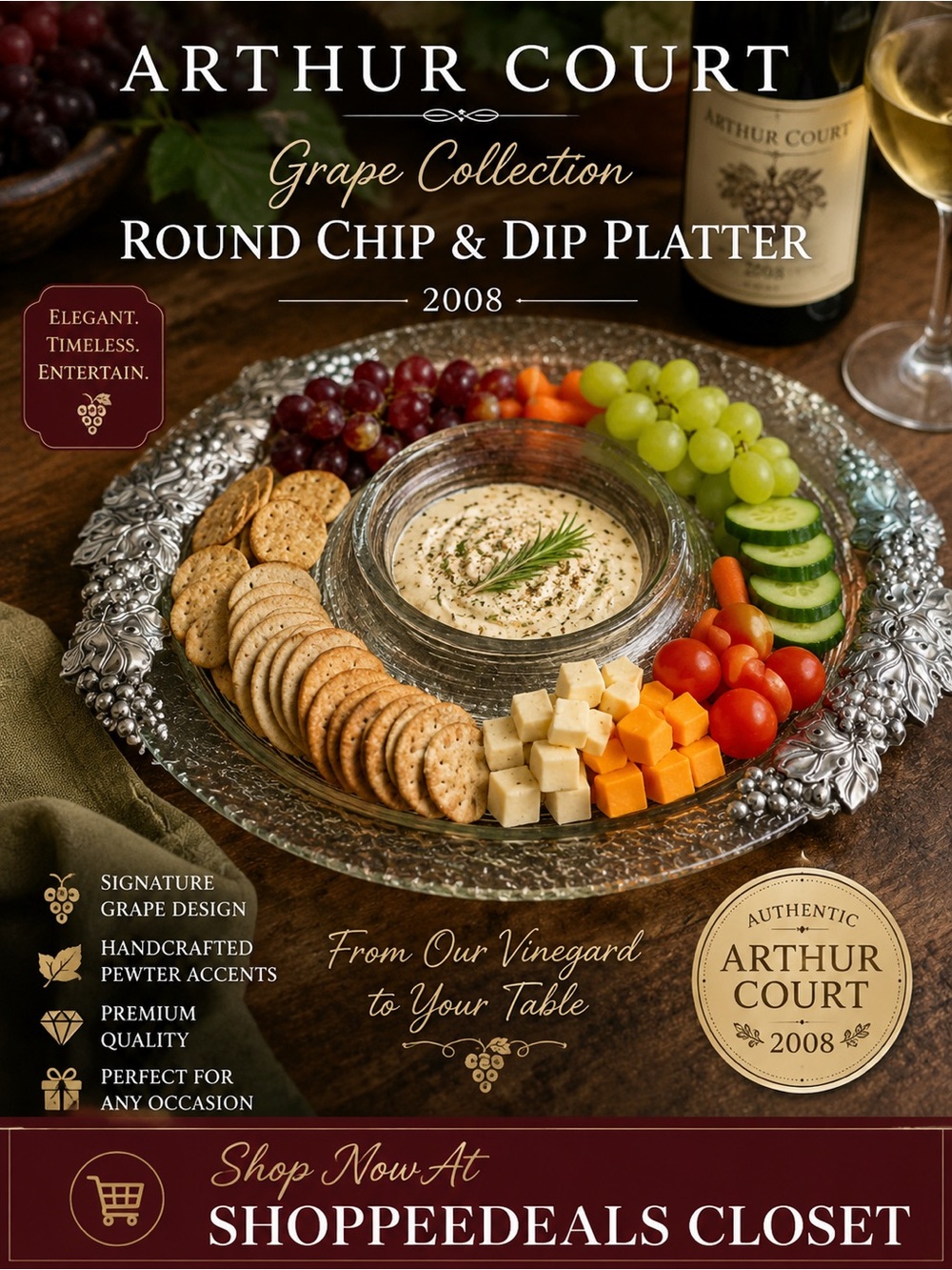 Arthur Court Round Chip & Dip Serving Platter Tray Grapes Glass Pewter 2008